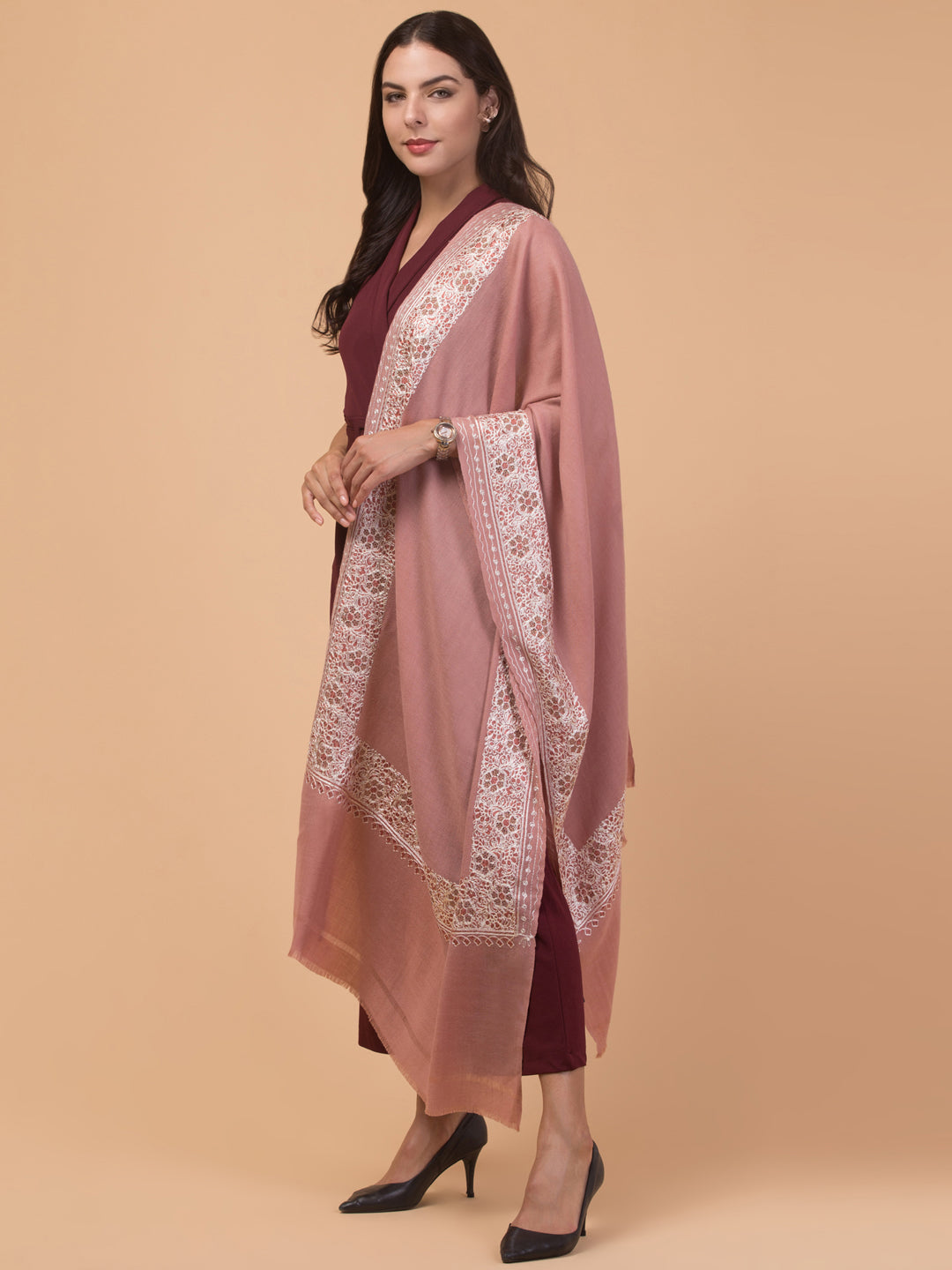 Fine Wool Embroidered Stole, Floral Pattern and Stone Work Border, Peach