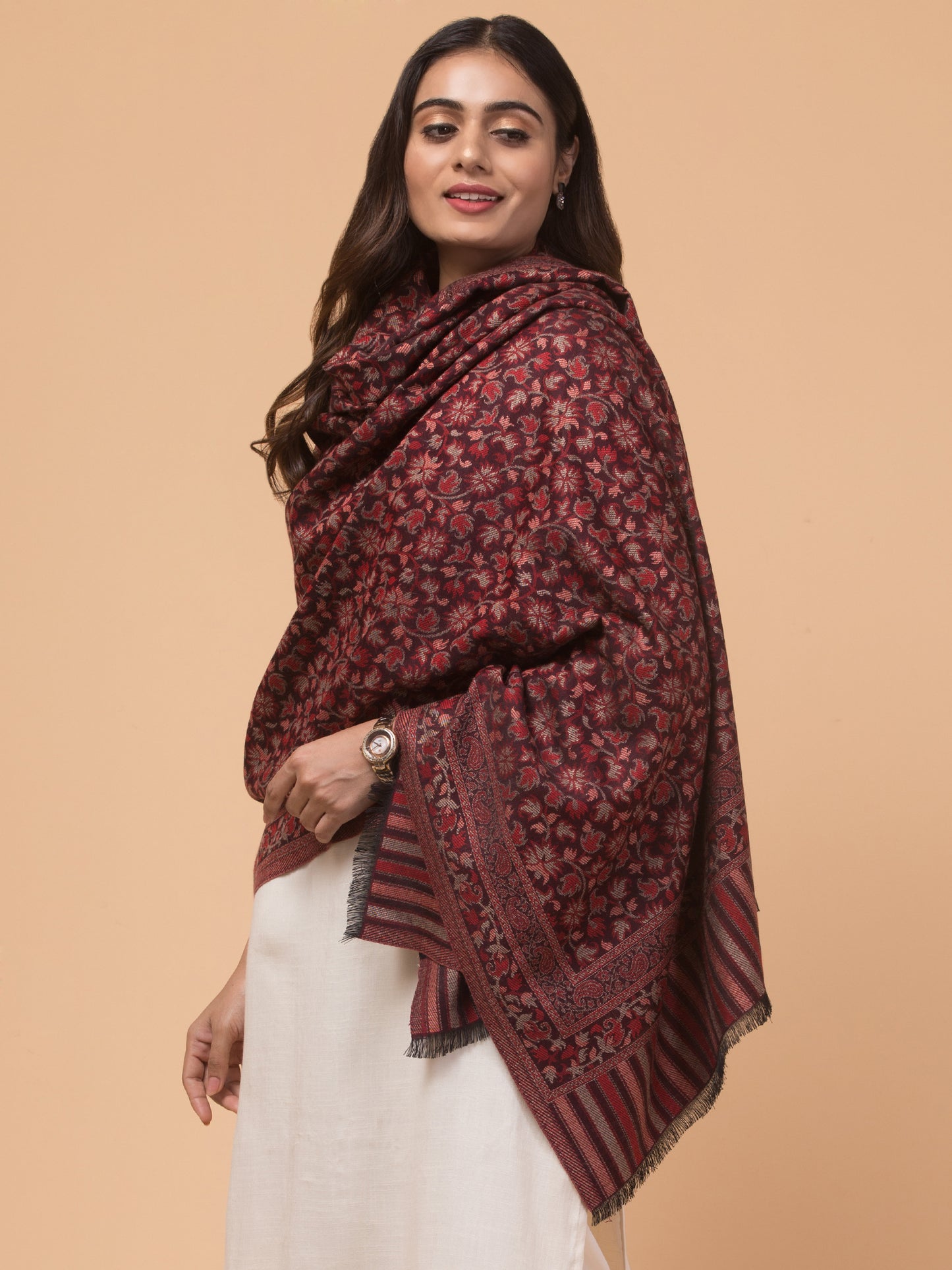 Ethnic Kashmiri Kani Design, Faux Pashmina Shawl - Wine