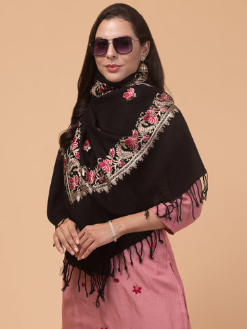 Acro Wool Stole / Wrap with Aari Embroidery Border - Black