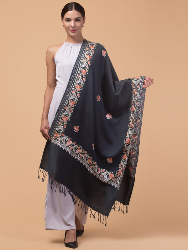 Acro Wool Stole / Wrap with Aari Embroidery Border - Grey