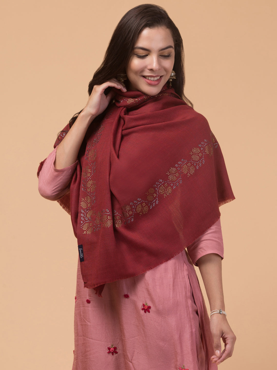 Fine Wool Crystal/Stone Work Stole for Winters - Maroon