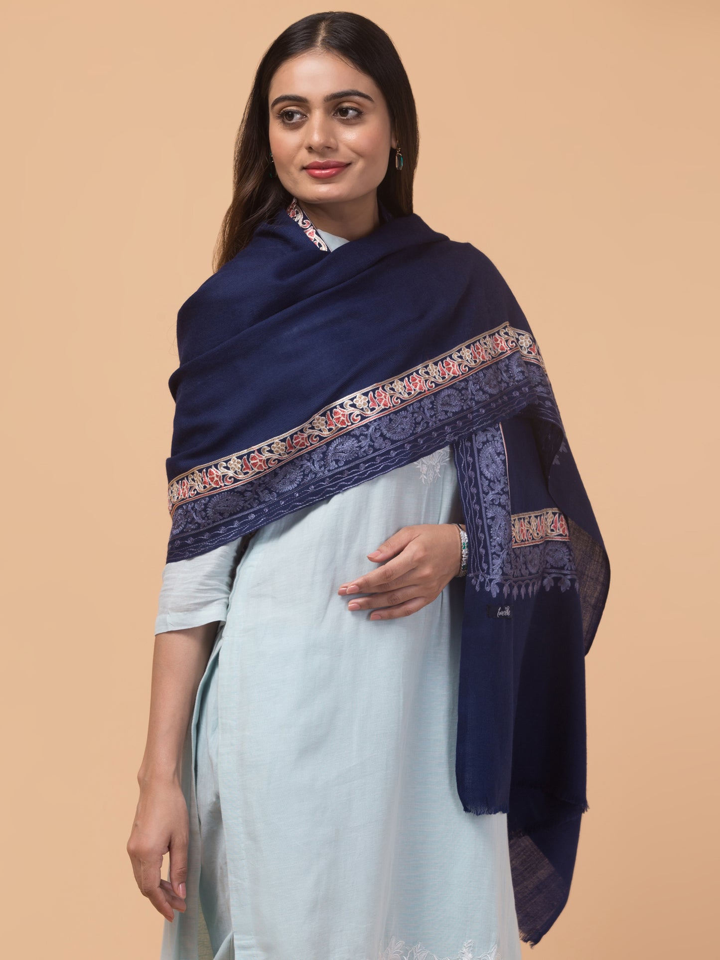Tweedle Fine Wool Embroidered Stole for Women - Navy Blue, Size -28x80
