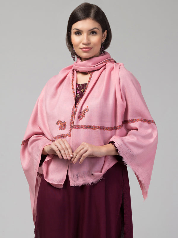 Fine Wool Plain Traditional Kingri Stole with Hand Embroidery Border - Pink