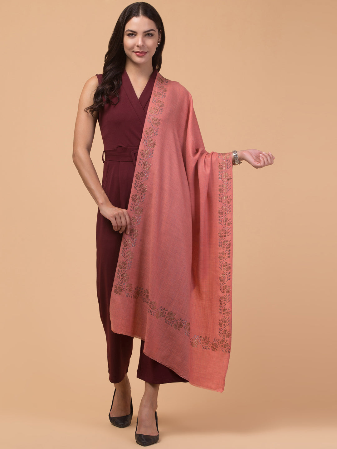 Fine Wool Crystal/Stone Work Stole for Winters - Peach
