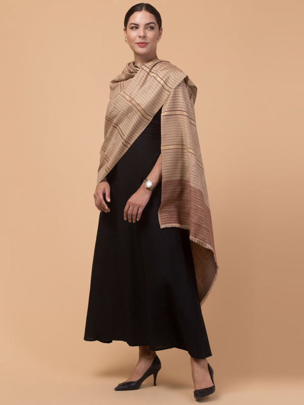 Stripes Design, Beige Zari Weave Acro Wool Shawl