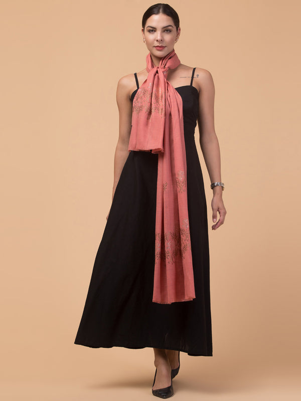 Crystal /Stone Booti Work Fine Wool Stole - Peach