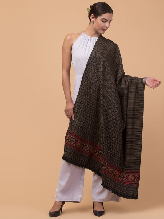 Ethnic Kullu Shawl for Women, Traditional Himachali Design with Tribal Motifs - Black