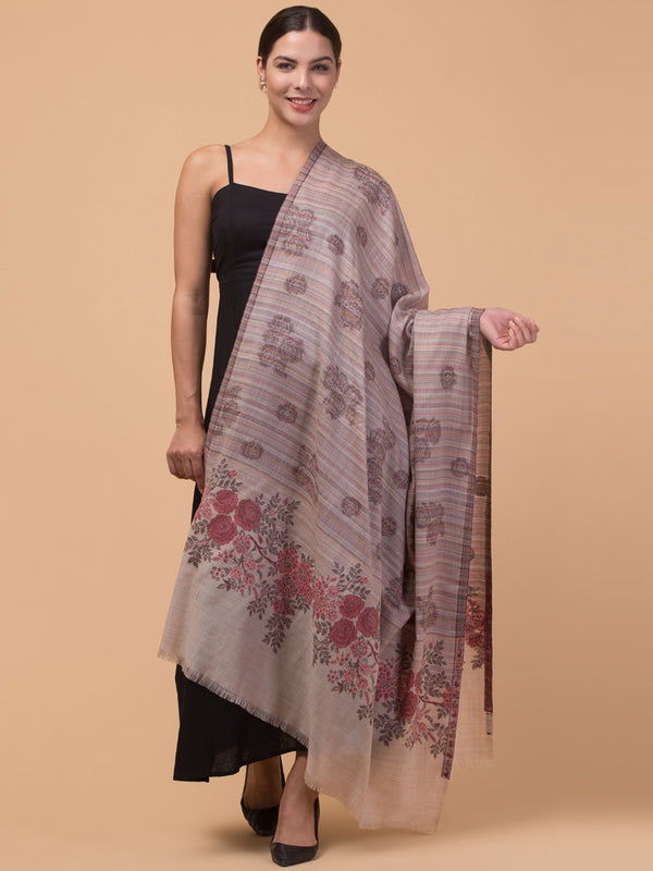 Fine Wool Ethnic Shawl with Rose & Stripes Fusion Design - Off White