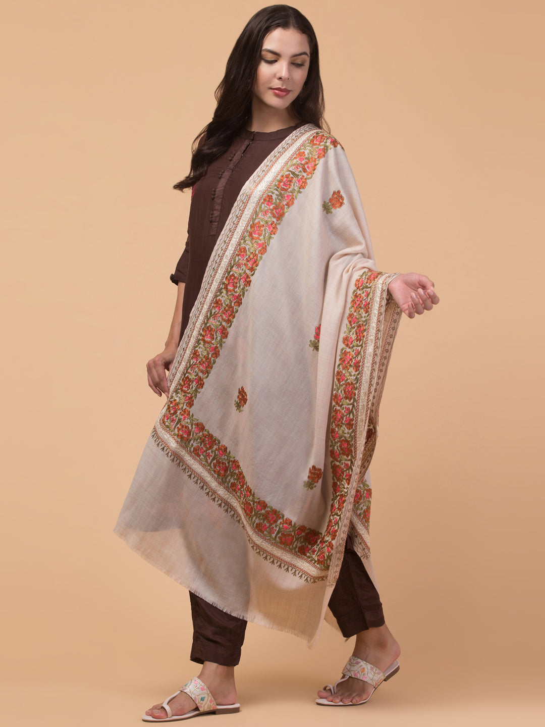 Tweedle Women’s Gulbahaar Aari Embroidery Stole/ Scarf - Off-White (Size-28x80)