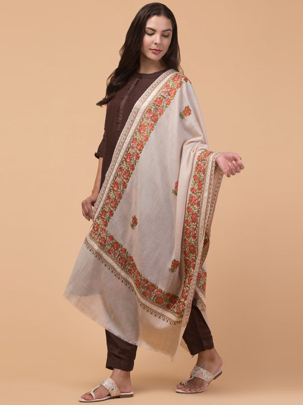 Kashmiri Aari Embroidery Stole, Solid Color with Multicolor Floral Design - Off White