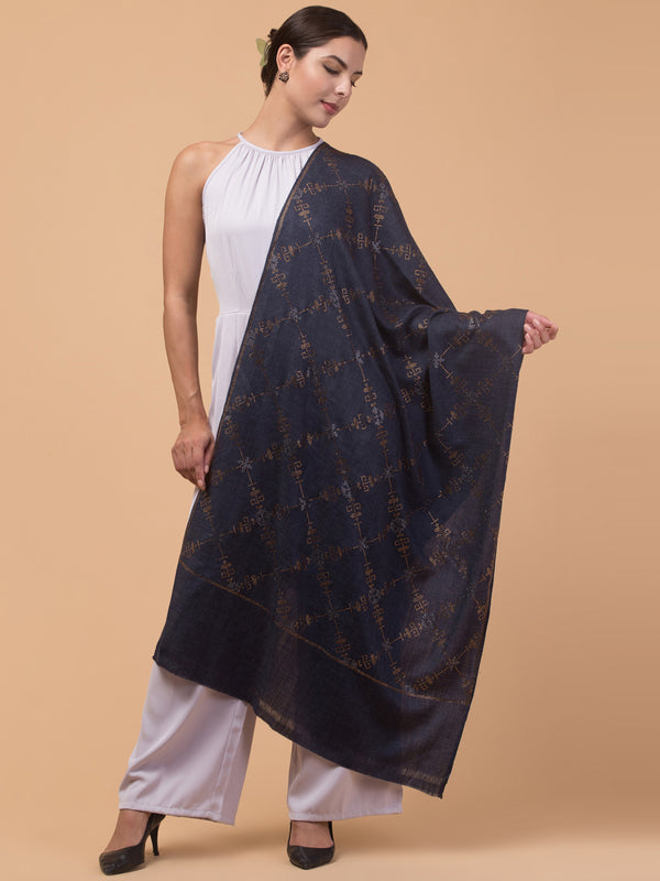 Fine Wool Crystal / Stone Work Stole - Navy Blue