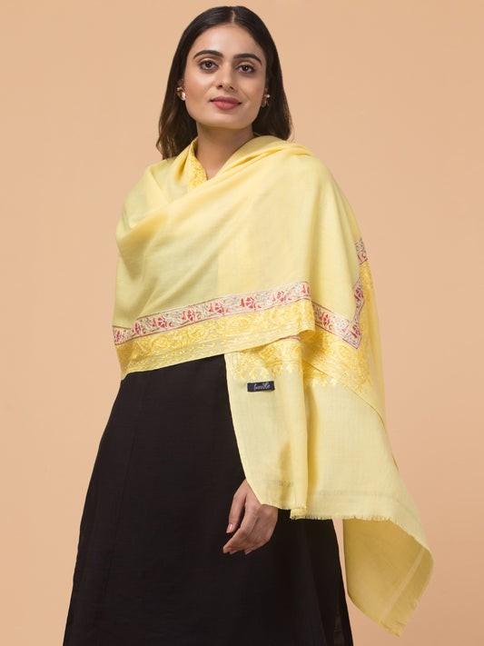 Tweedle Fine Wool Embroidered Stole for Women - Lemon Yellow, Size -28x80