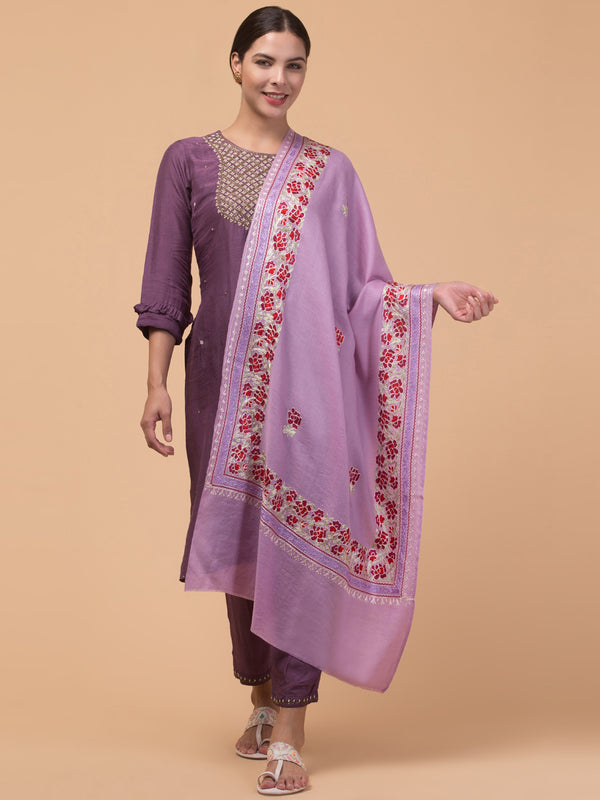 Kashmiri Aari Embroidery Stole, Solid Color with Multicolor Floral Design - Purple