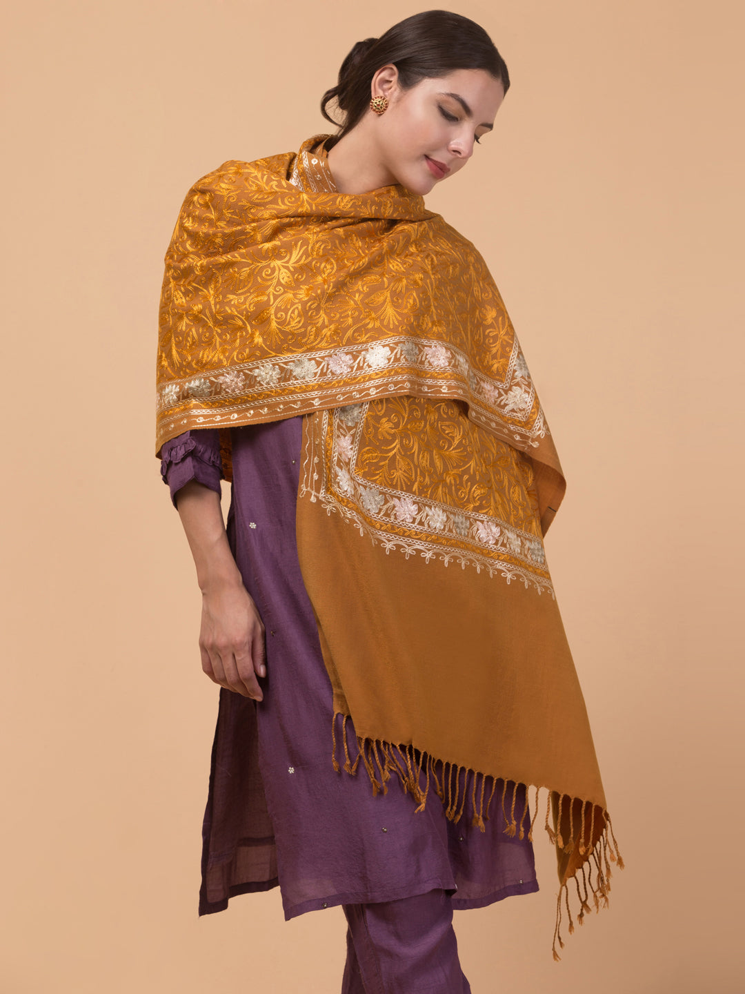Acro Wool, Soft Feel Kashmiri Embroidery Stole for Winters - Mustard