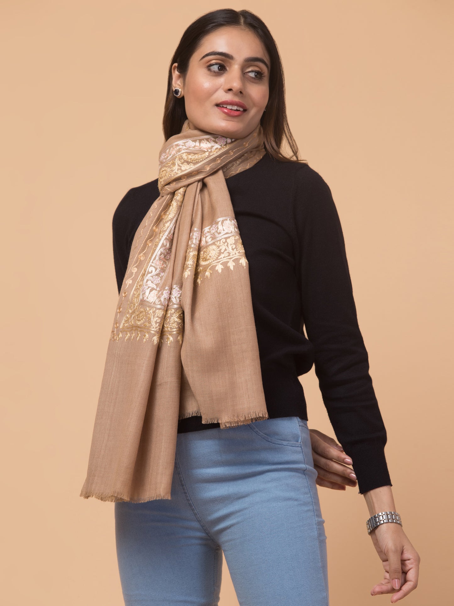 Tweedle Fine Wool Embroidered Stole for Women - Beige, Size -28x80