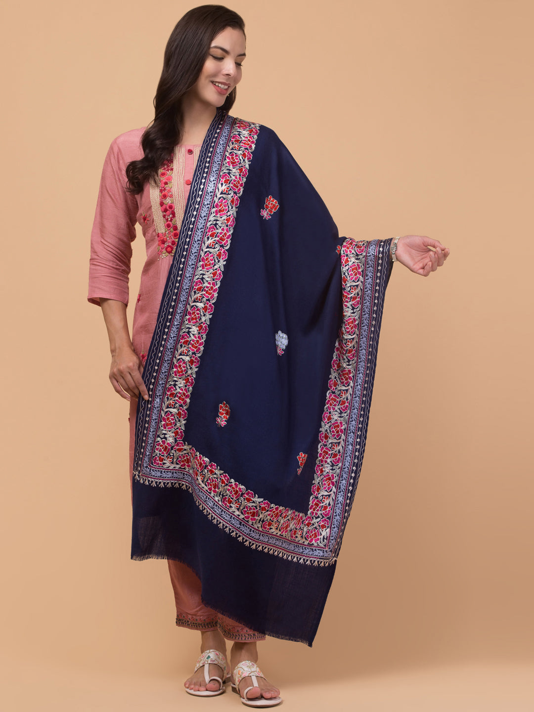 Tweedle Women’s Gulbahaar Aari Embroidery Stole/ Scarf - Navy Blue (Size-28x80)