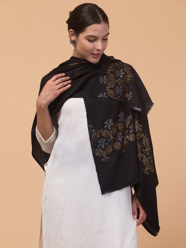 Crystal /Stone Booti Work Fine Wool Stole - Black