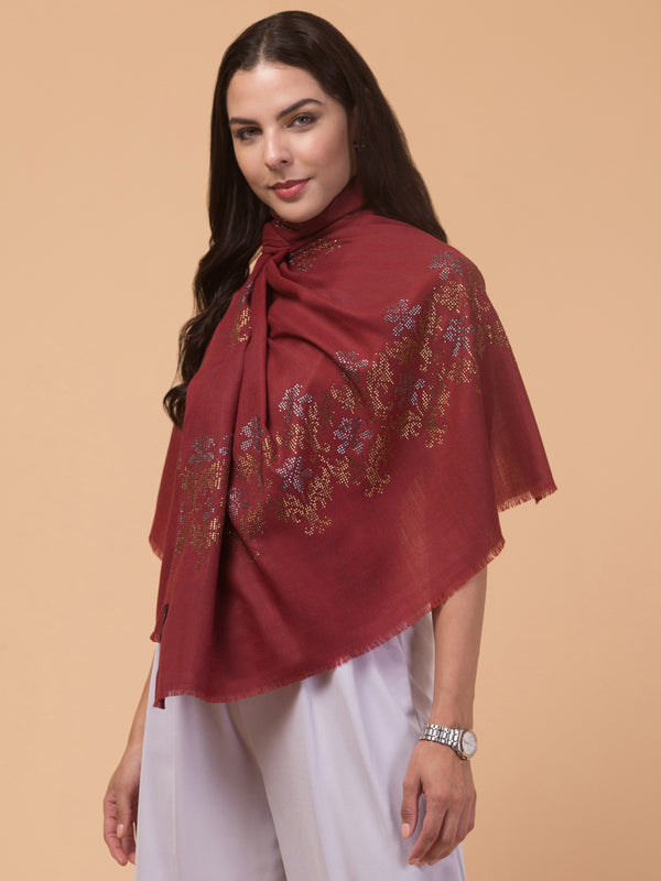 Crystal /Stone Booti Work Fine Wool Stole - Maroon