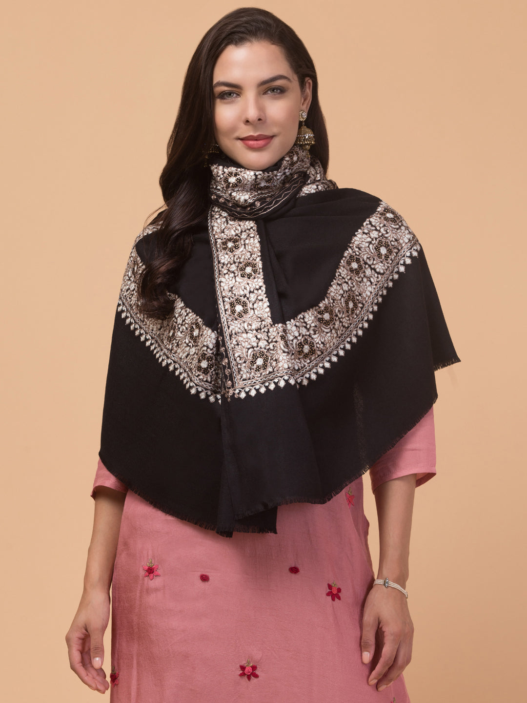 Fine Wool Embroidered Stole, Floral Pattern and Stone Work Border, Black