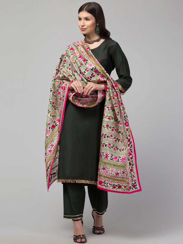 tweedle Offwhite Chanderi Phulkari Hand Embdoidery Dupatta For Women Pink, Free Size