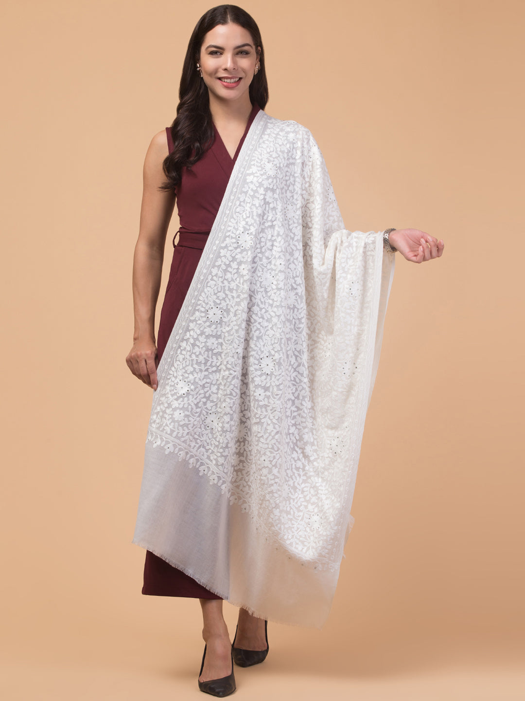 tweedle Women's Fine Wool Tone to Tone Aari Embroidery Stole with Stone Work - Off White