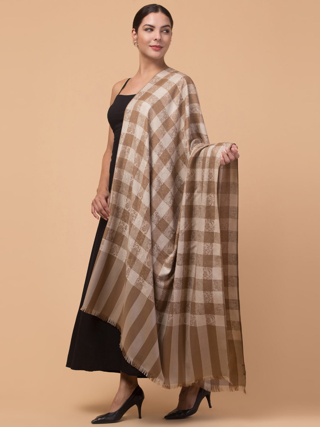 Reversible, Check Design, Woven Shawl - Beige