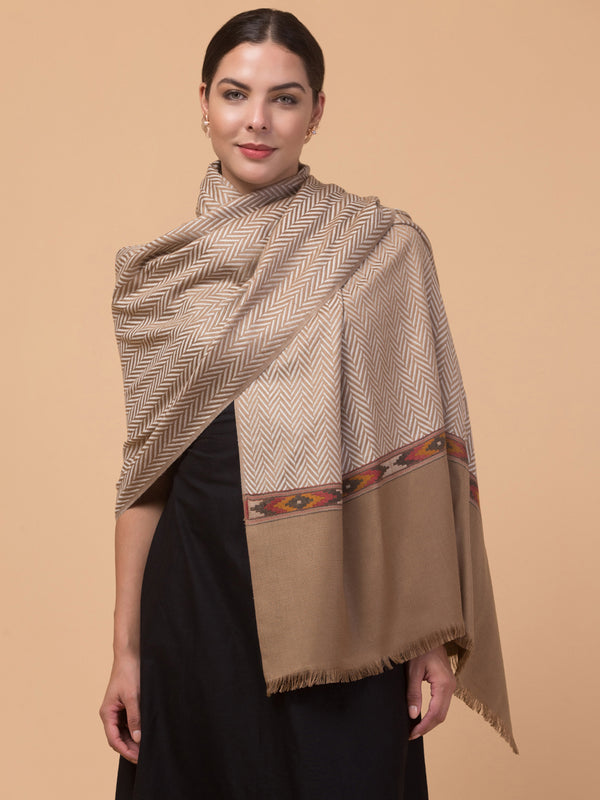 Geometrical Pattern with Plain Palla Shawl for Winters - Beige