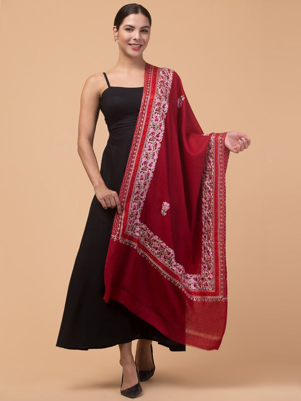 Kashmiri Aari Embroidery Stole, Solid Color with Multicolor Floral Design - Maroon