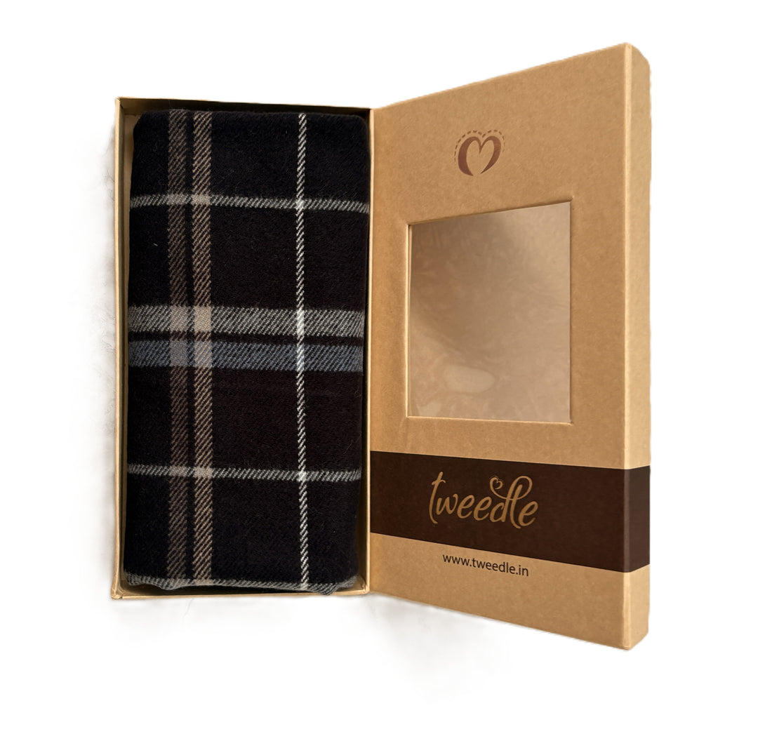 Tweedle Blue Checked Muffler for Men, Soft Woollen Winter Scarf