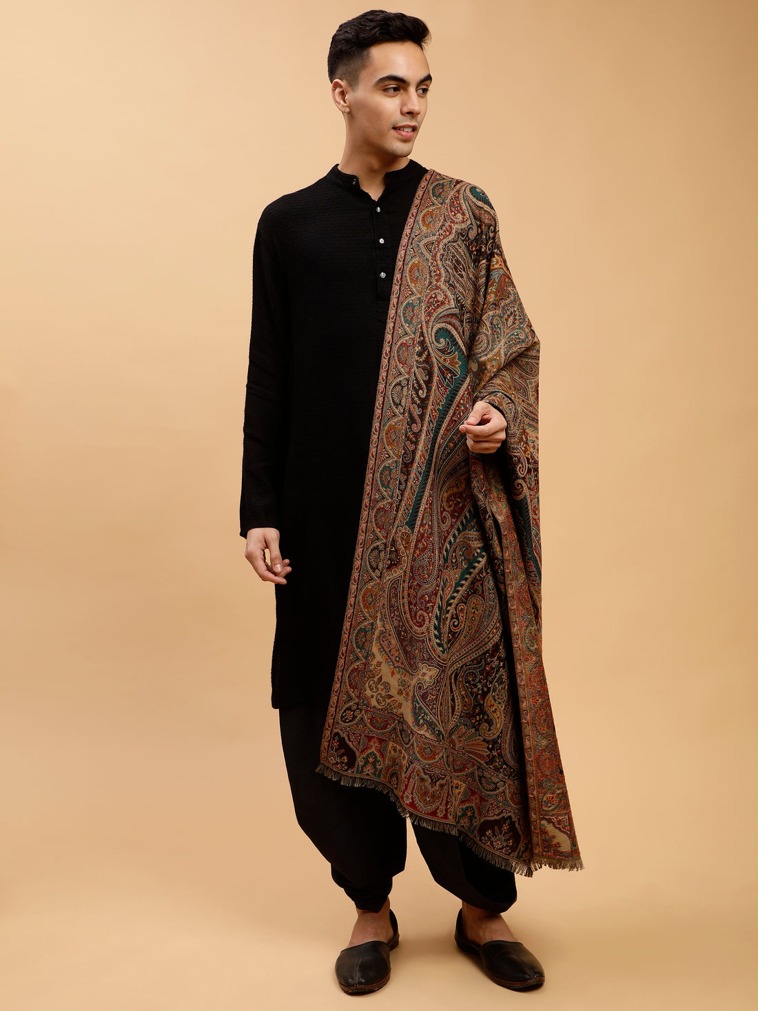 Jacquard Weave, Paisley Design, Faux Pashmina Shawl - Black