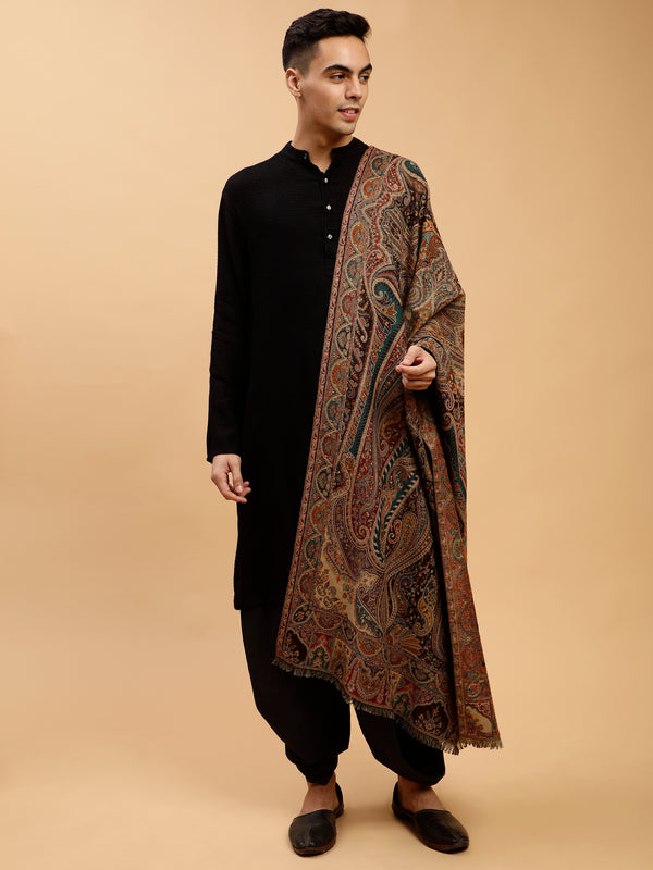 Jacquard Weave, Paisley Design, Faux Pashmina Shawl - Black