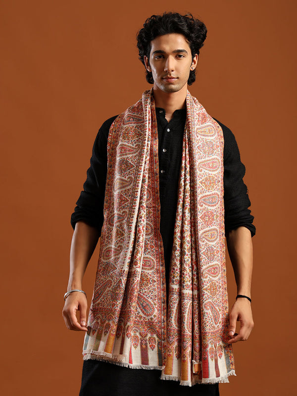 Tweedle Men’s Blended Wool Kashmiri Kani Shawl  - White