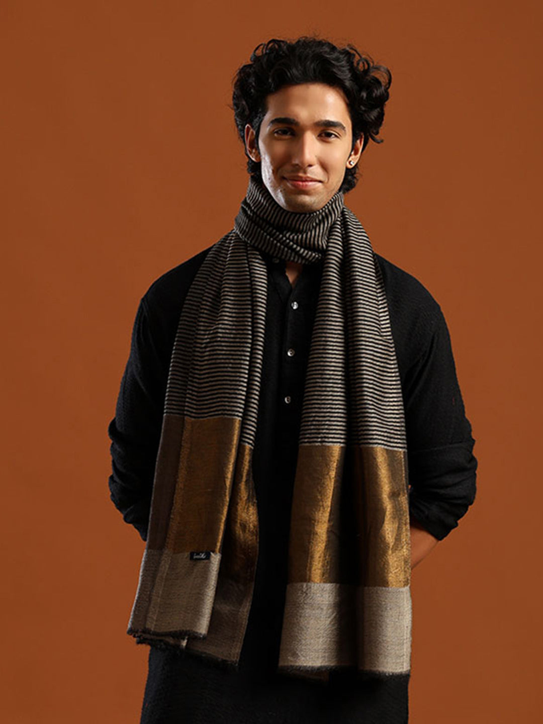 Tweedle Men’s Fine Wool Stole with Striped Zari Palla - Black