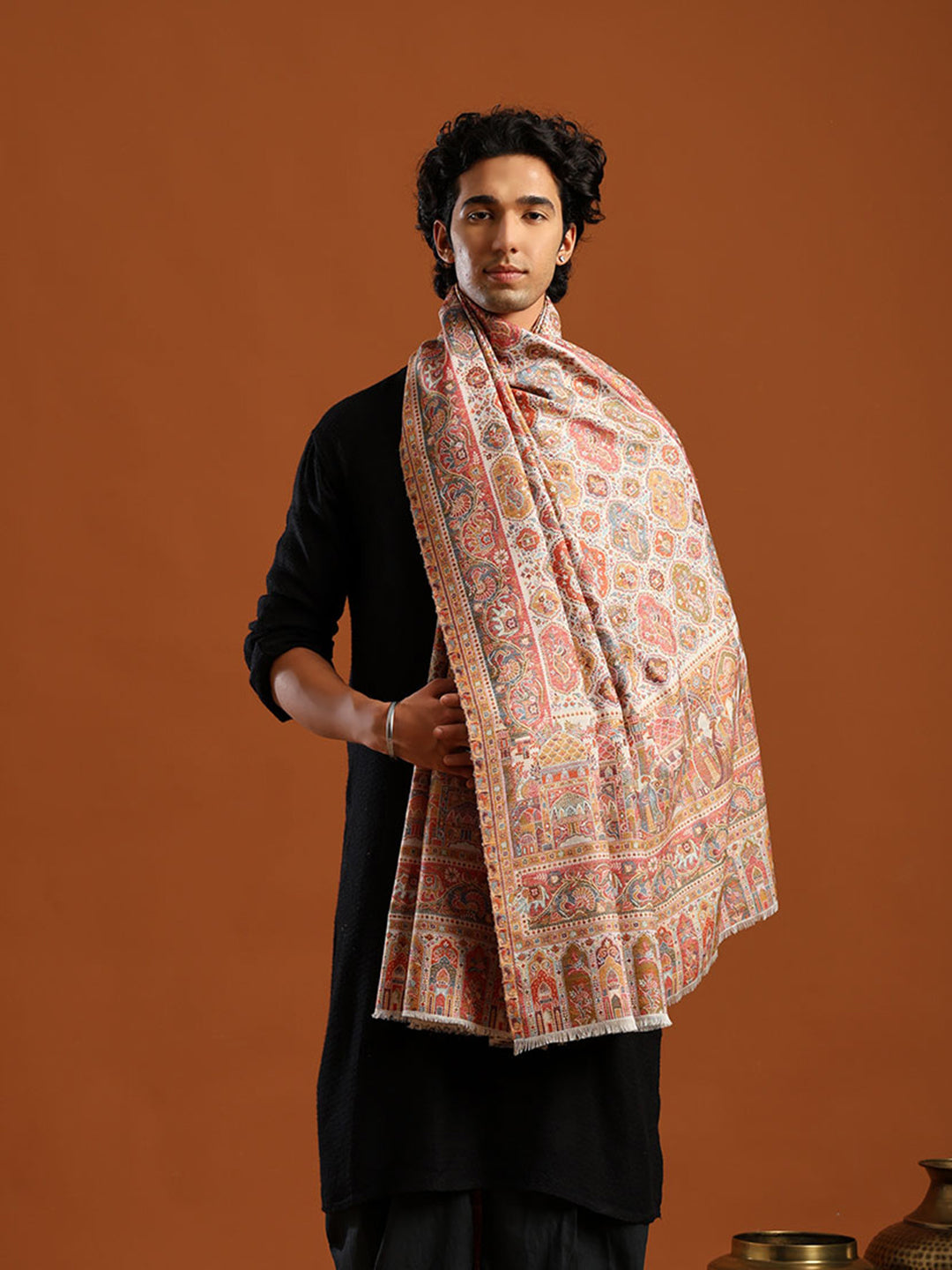 Tweedle Wool Blend Kani Shawl for Men – White, Size – 40x80