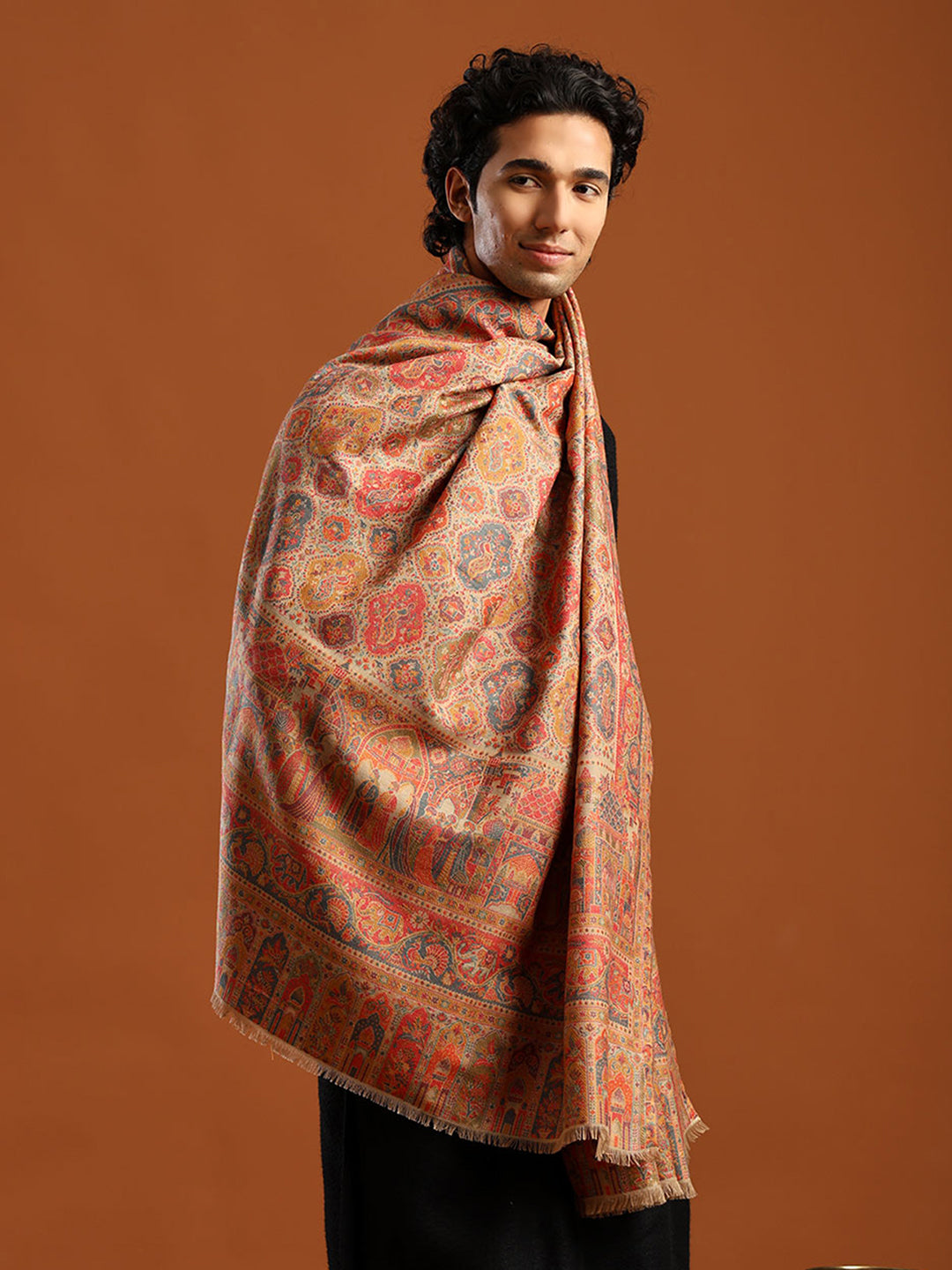 Tweedle Wool Blend Kani Shawl for Men – Beige, Size – 40x80