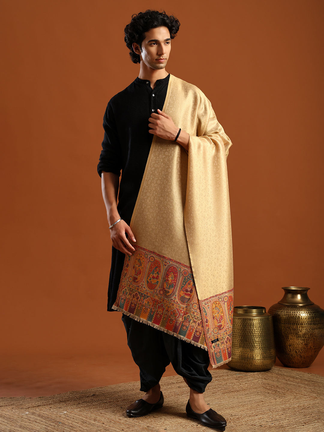 Woven Design, Ethnic Motifs Zari Shimmer Shawl for men - Black