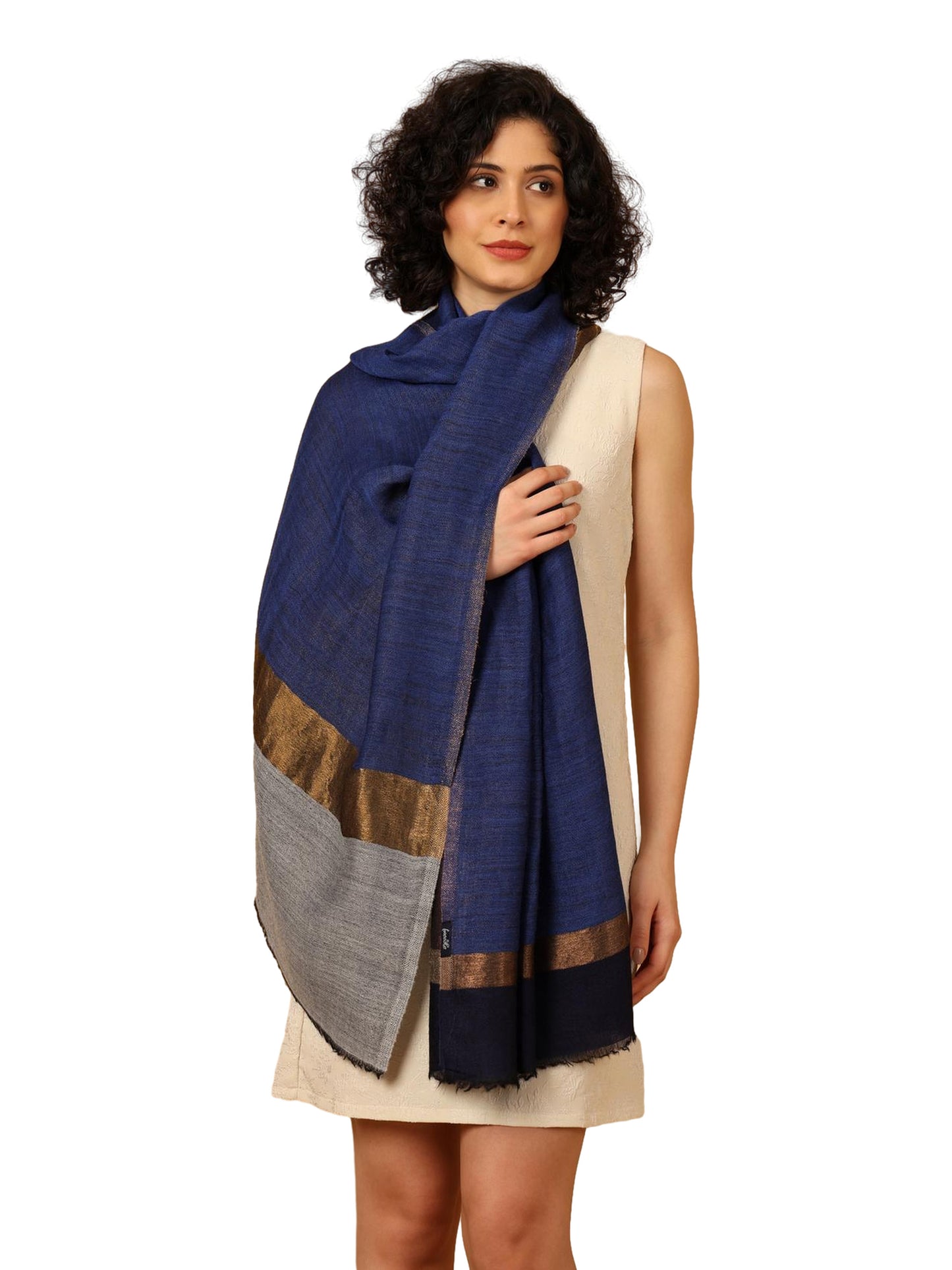 Tweedle Women’s Pashmina Wool Stole with Reversible Double Palla Zari Design - Blue