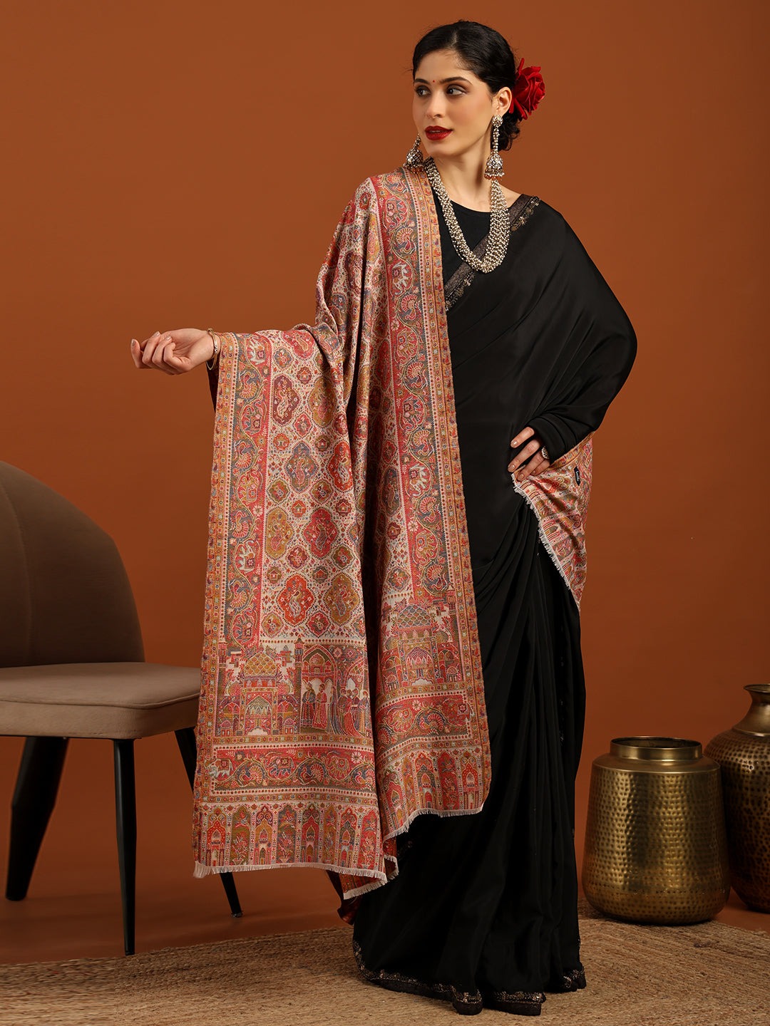 Tweedle Wool Blend Kani Shawl for Women – White, Size – 40x80