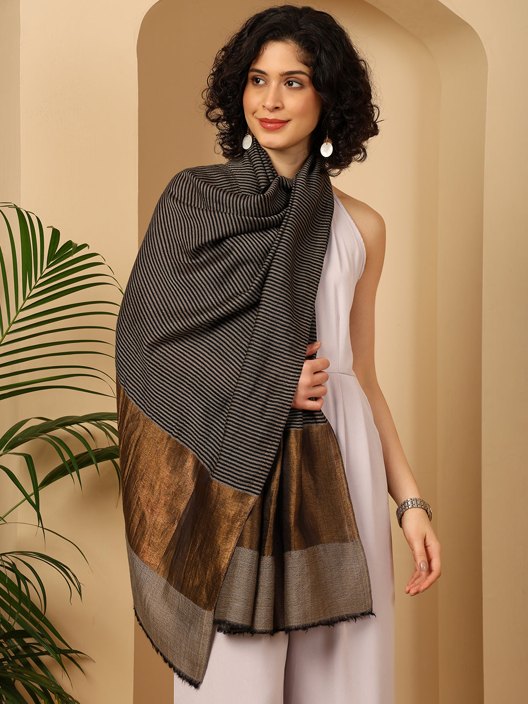Tweedle Women’s Fine Wool Stole with Striped Zari Palla - Black