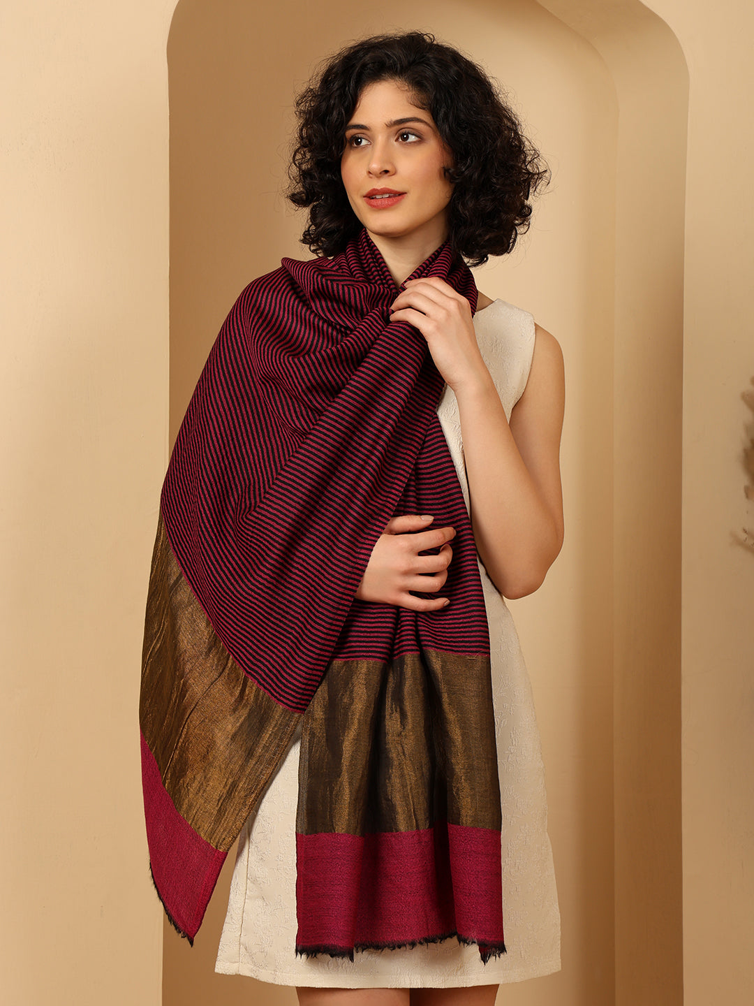 Tweedle Women’s Fine Wool Stole with Striped Zari Palla - Magenta