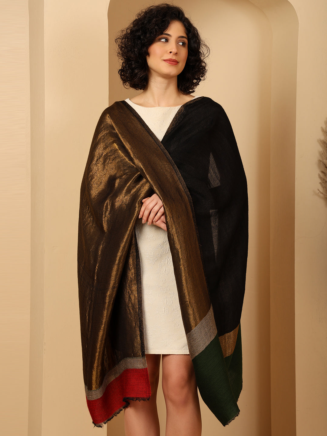 Tweedle Women’s Pashmina Wool Stole with Reversible Double Palla Zari Design - Black