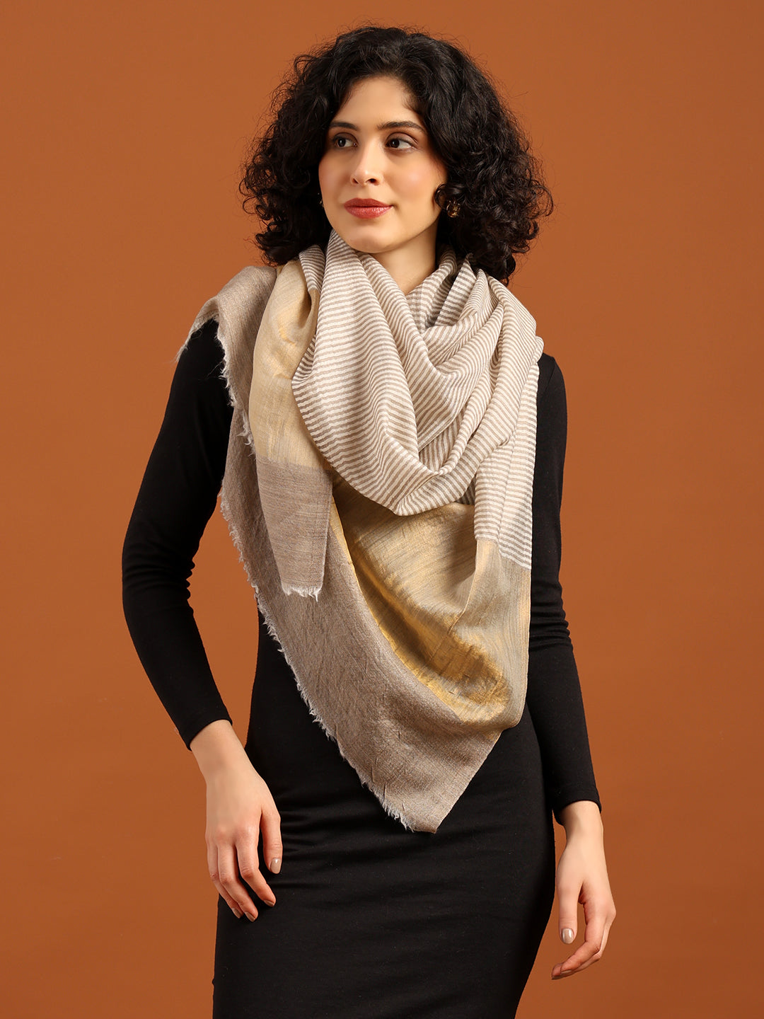 Tweedle Women’s Fine Wool Stole with Striped Zari Palla - Off-White