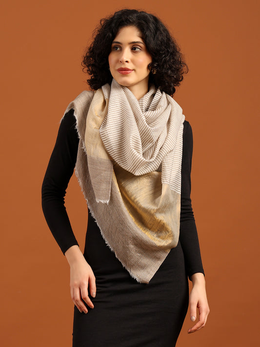 Tweedle Women’s Fine Wool Stole with Striped Zari Palla - Off-White