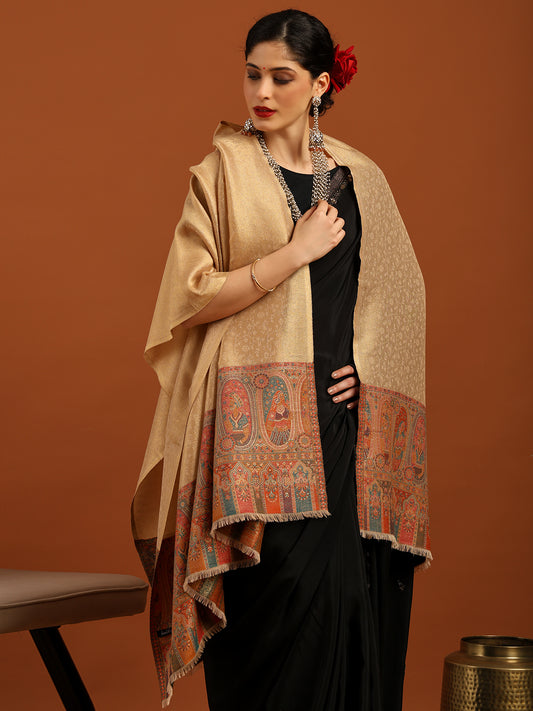 Woven Design, Ethnic Motifs Zari Shimmer Shawl for Women – Off-White