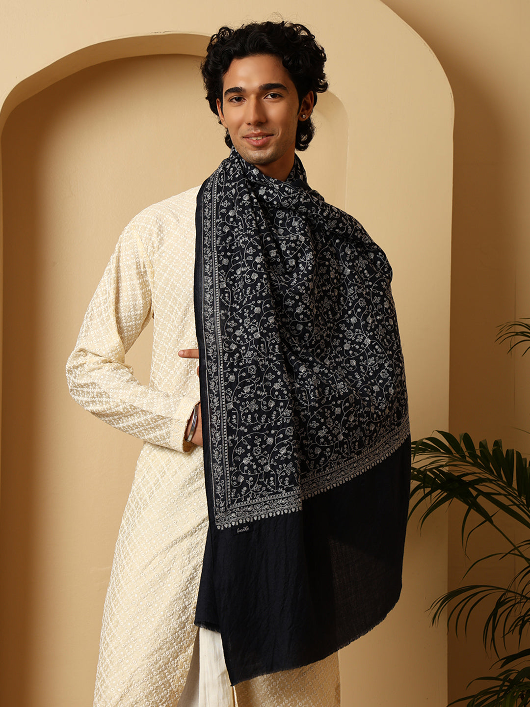 Tweedle Traditional Pure Wool Dupehra Kashmiri Embroidery Shawl for Men - Navy Blue