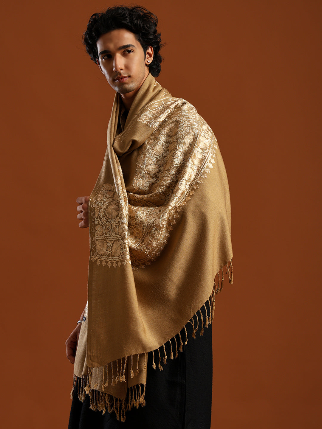 Tweedle Men’s Kashmiri Aari Embroidery Shawl / Stole - Beige, Size - 40 x 80 inches