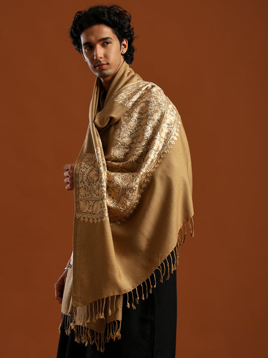 Tweedle Men’s Kashmiri Aari Embroidery Shawl / Stole - Beige, Size - 40 x 80 inches