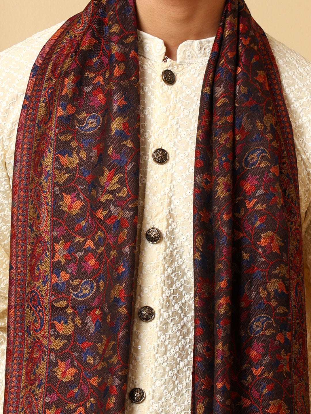 Tweedle Men’s Pure Wool Sozni Embroidery Jama Shawl - Black, Size - 40x80