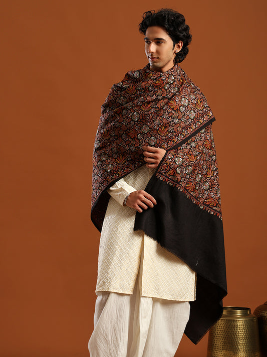 Tweedle Men’s Pure Wool Sozni Embroidery Jama Shawl - Black, Size - 40x80