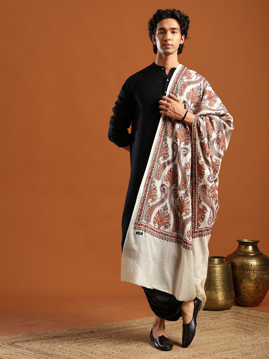 Tweedle Men Pure Wool Sozni Embroidery Shawl - White, Size - 40x80